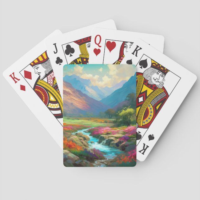 Colourful Mountain Valley, Flowers and River Poste Playing Cards (Back)