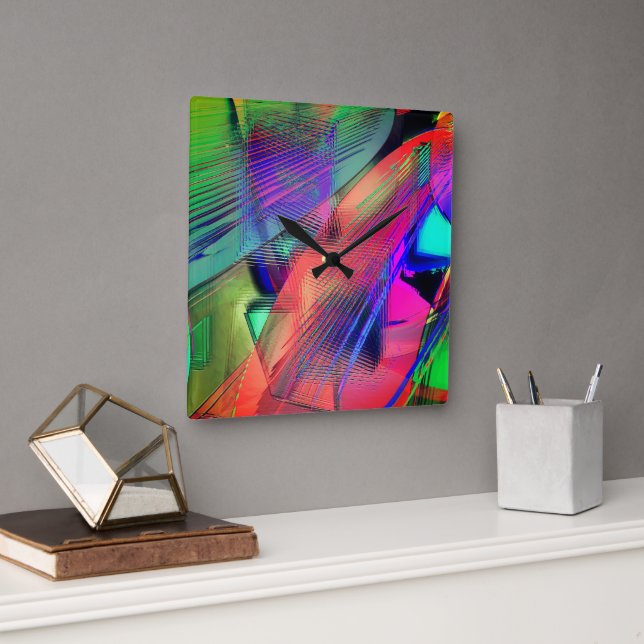 Colourful movement of messy objects in soft carvin square wall clock (Office)