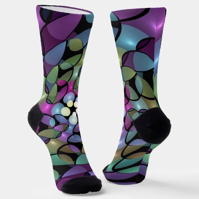 Colourful Movements Abstract Trippy Fractal Art Socks (Angled)
