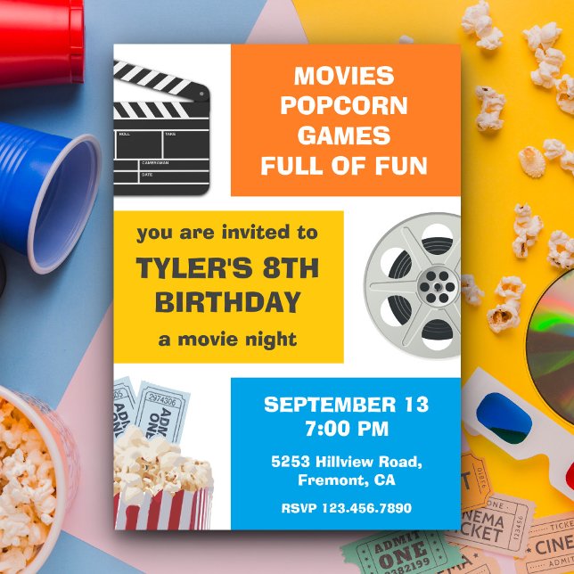 Colourful Movie Night Kids Birthday Party Invite (Creator Uploaded)