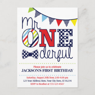 Colourful Mr. ONEderful Birthday Invitation Postcard