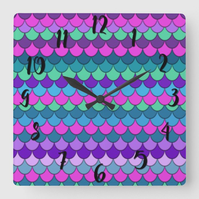Colourful Multi-Coloured Mermaid Decor Square Wall Clock (Front)