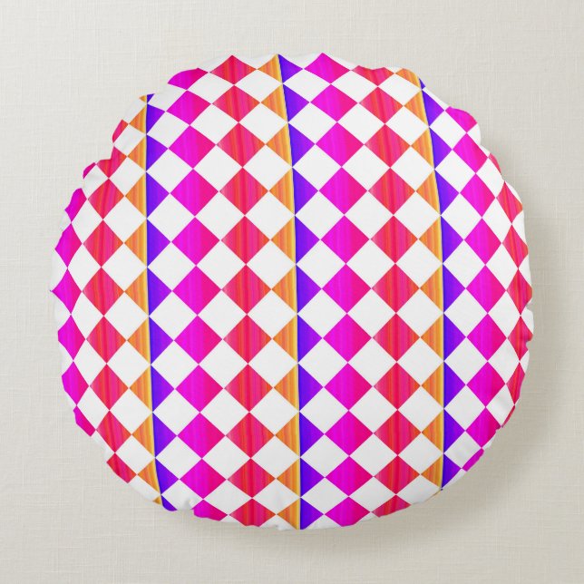 Colourful Multicolor Chequered Diamond Pattern Round Cushion (Front)