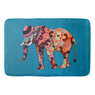 Colourful Multicolored Elephant on Blue Background Bath Mat