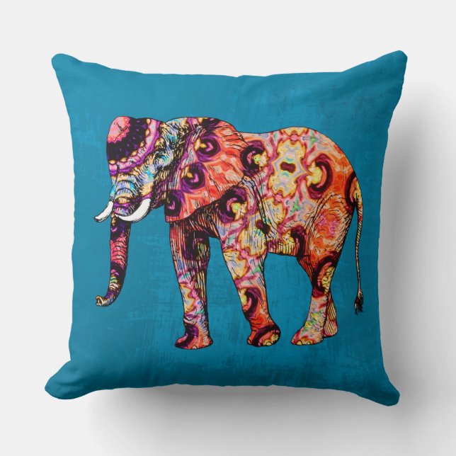 Colourful Multicolored Elephant on Blue Background Cushion (Front)
