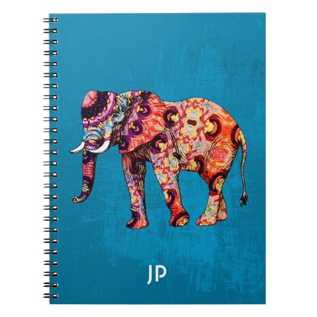 Colourful Multicolored Elephant on Blue Background Notebook (Front)