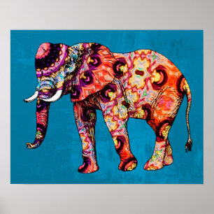 Colourful Multicolored Elephant on Blue Background Poster