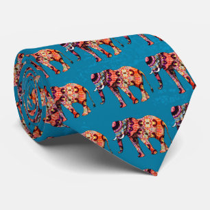 Colourful Multicolored Elephant on Blue Background Tie