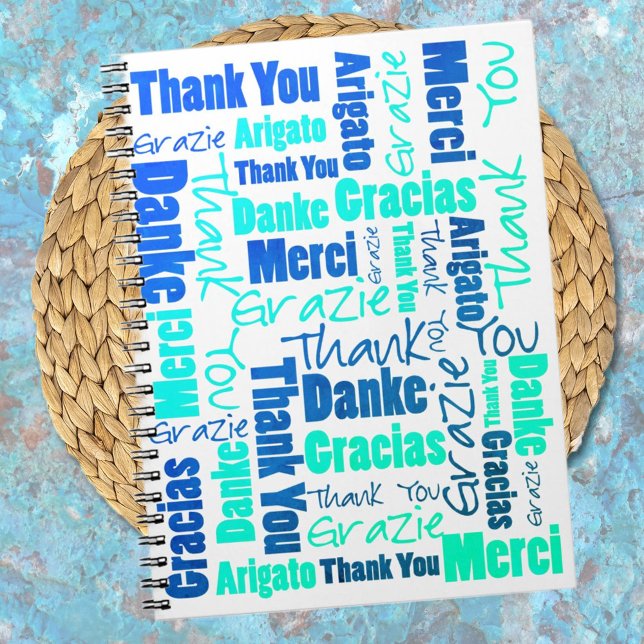 Colourful Multilingual Thank You Gratitude Journal (Show your daily gratitude with a multilingual thank you notebook cover in blue and green typography.)