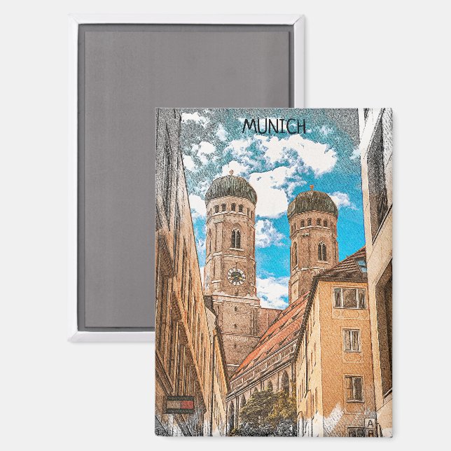 Colourful Munich Germany Frauenkirche Magnet (Front/Back)