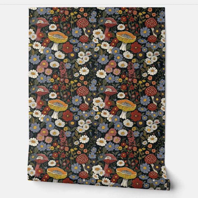 Colourful Mushroom Flower Floral Pattern Wallpaper (Unrolling)