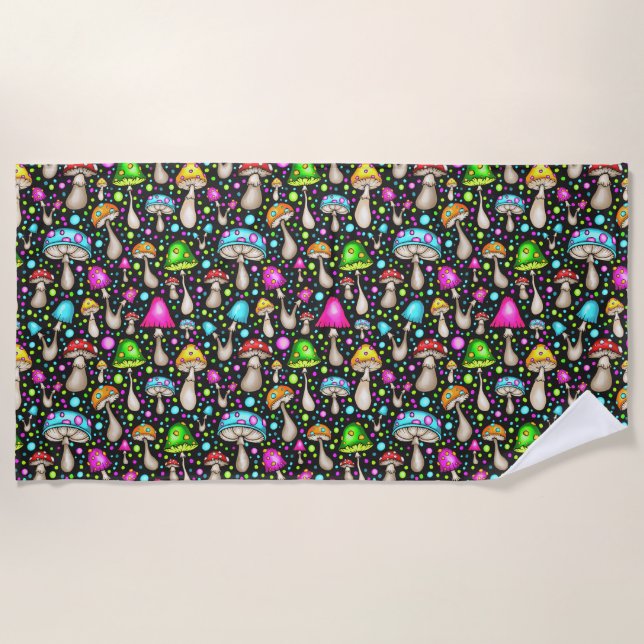 Colourful Mushroom Seamless Pattern Beach Towel (Front)