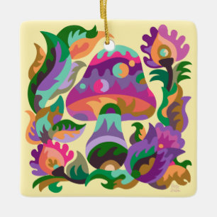 Colourful Mushroom Square Ceramic Ornament