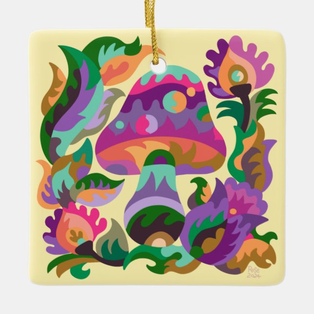 Colourful Mushroom Square Ceramic Ornament (Front)
