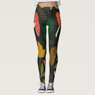 Colourful mushrooms, leaves, vintage full colour. leggings
