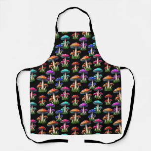 Colourful Mushrooms On Black Background Apron