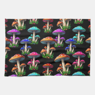 Colourful Mushrooms On Black Background Tea Towel
