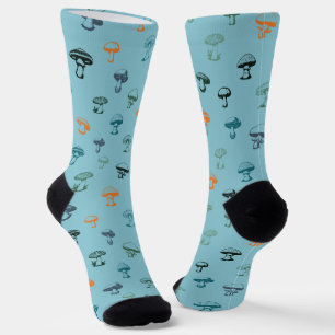 Colourful Mushrooms on Solid Blue Background Socks
