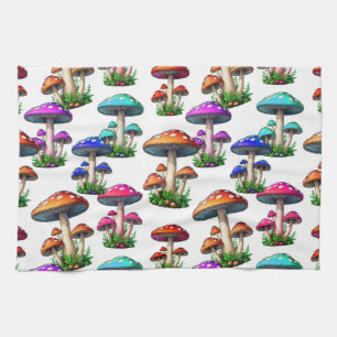 Colourful Mushrooms On White Background  Tea Towel