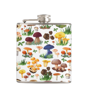 Colourful Mushrooms on White Hip Flask