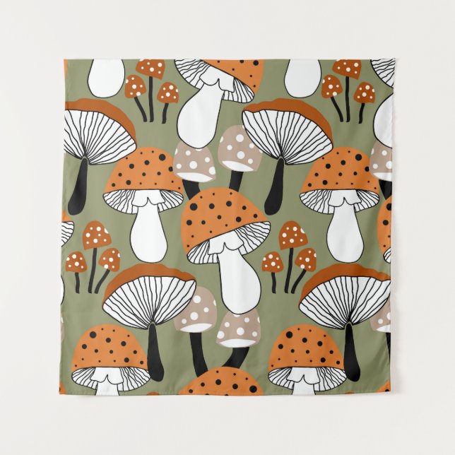 Colourful Mushrooms Vintage Hand Drawing Tapestry (Front)