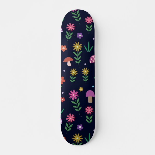 Colourful Mushrooms With Whimsical Flowers Pattern Skateboard (Front)