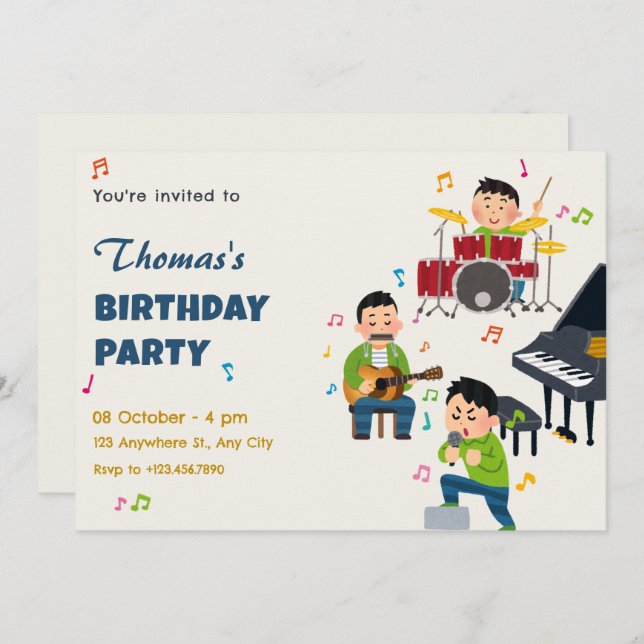 Colourful music band performing birthday invitation (Front/Back)