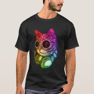 Colourful Music Cat Headphones Raver Animal T-Shirt