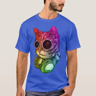 Colourful Music Cat Headphones Raver Animal  T-Shirt