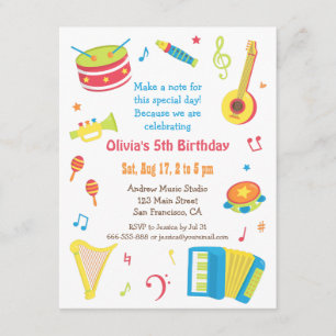 Colourful Music Instruments Kids Birthday Party Invitation