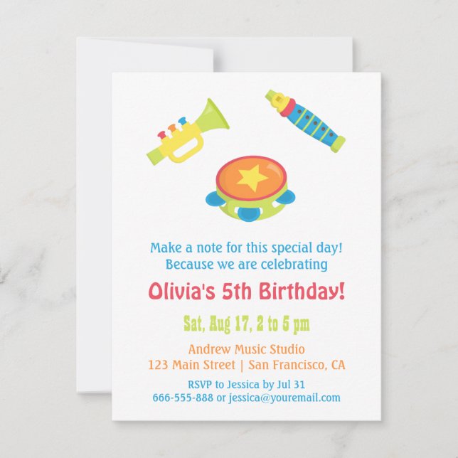 Colourful Music Instruments Kids Birthday Party Invitation (Front)