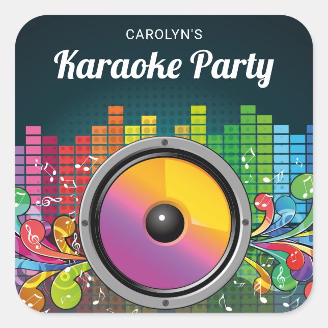 Colourful Music Karaoke Birthday Party Favour Square Sticker (Front)
