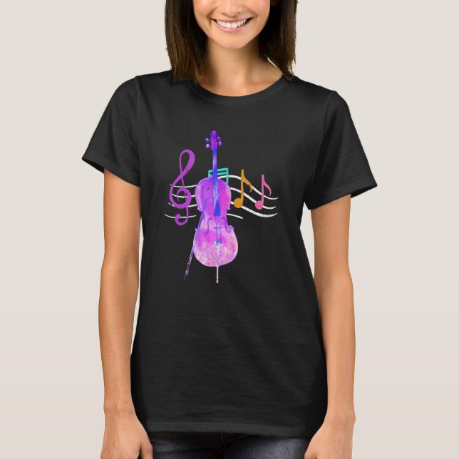 Colourful Music Notes Cello Player Treble Clef Cel T-Shirt (Front)