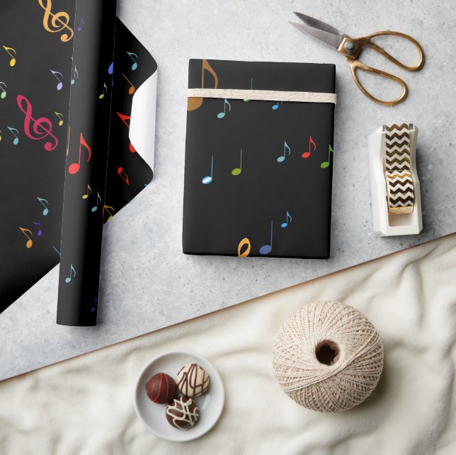 colourful music notes on black wrapping paper (Crafts)