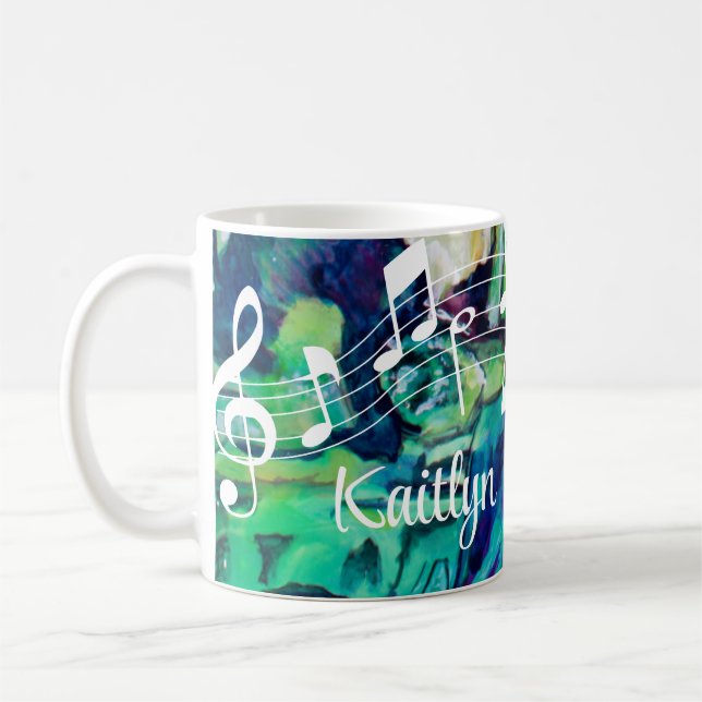 Colourful Music Notes Turquoise Blue Personalised Coffee Mug (Left)