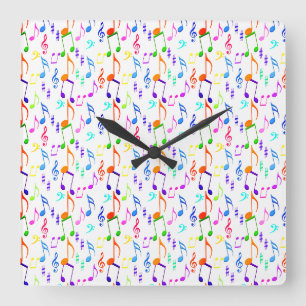 Colourful Music Symbols On White Square Wall Clock