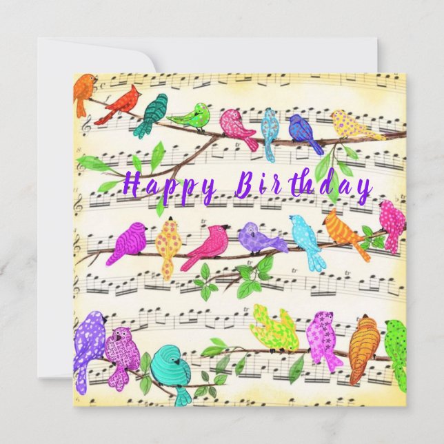 Colourful Musical Birds Happy Birthday Card (Front)