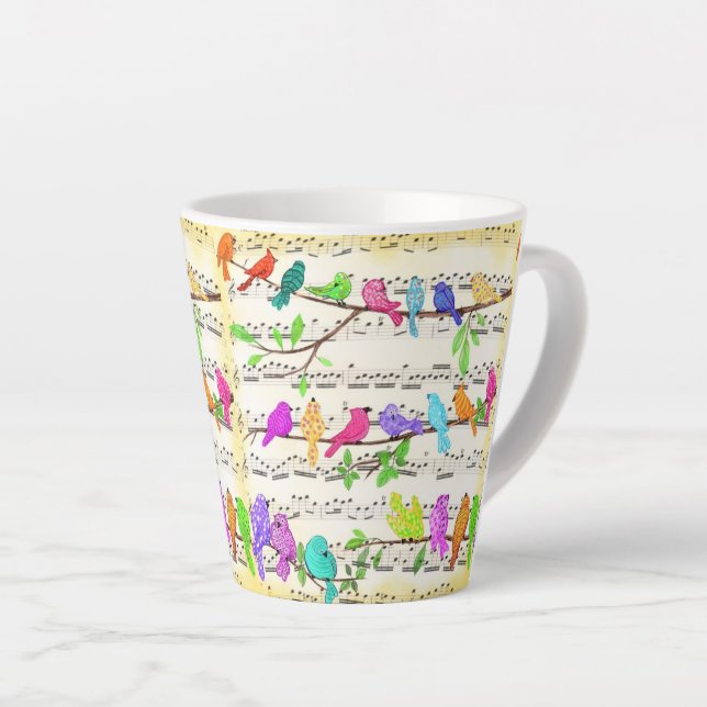 Colourful Musical Birds Latte Mug (Right Angle)