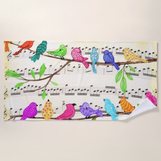 Colourful Musical Birds Symphony Beach Towel (Front)