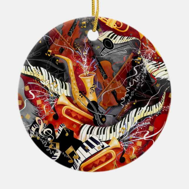 Colourful Musical Instruments, Sax, Trumpet, Julee Ceramic Ornament (Front)