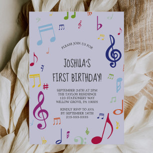 Colourful Musical Note First Birthday Party Invitation