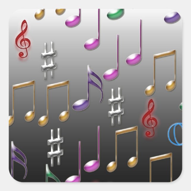 Colourful musical notes on grey background square sticker (Front)