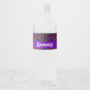 Colourful musical notes on purple water bottle label