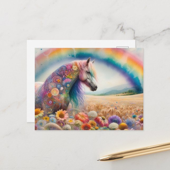 Colourful Mustang under a Rainbow Wildflower Meado Postcard (Front/Back In Situ)