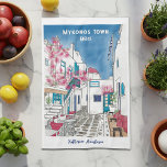 Colourful Mykonos Greece Personalised Tea Towel<br><div class="desc">Share your memory of holidays on a beautiful Greek Island in the Mediterranean through this vibrant travel drawing kitchen towel with customisable text templates. This colourful illustration of the iconic blue and white architecture of Mykonos town makes a perfect vacation souvenir and keepsake for anyone who wants to travel to...</div>