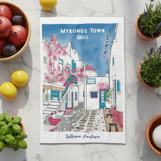 Colourful Mykonos Greece Personalised Tea Towel