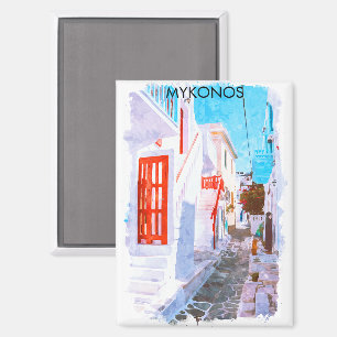 Colourful Mykonos Greece Retro Travel Watercolor Magnet