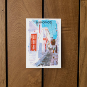 Colourful Mykonos Greece Retro Travel Watercolor Postcard