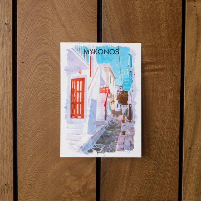 Colourful Mykonos Greece Retro Travel Watercolor Postcard (mykonos greece watercolor postcard)
