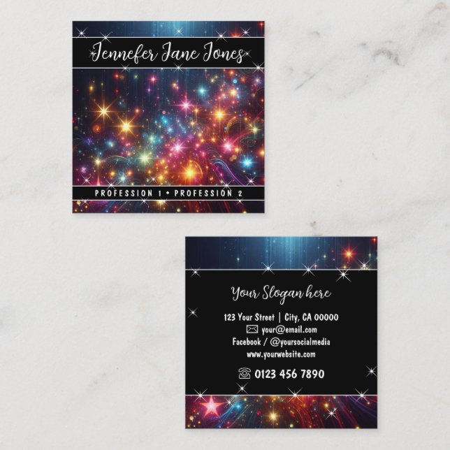 Colourful Mystic Sky Nebula Dripping Rain Stars Square Business Card (Front/Back)